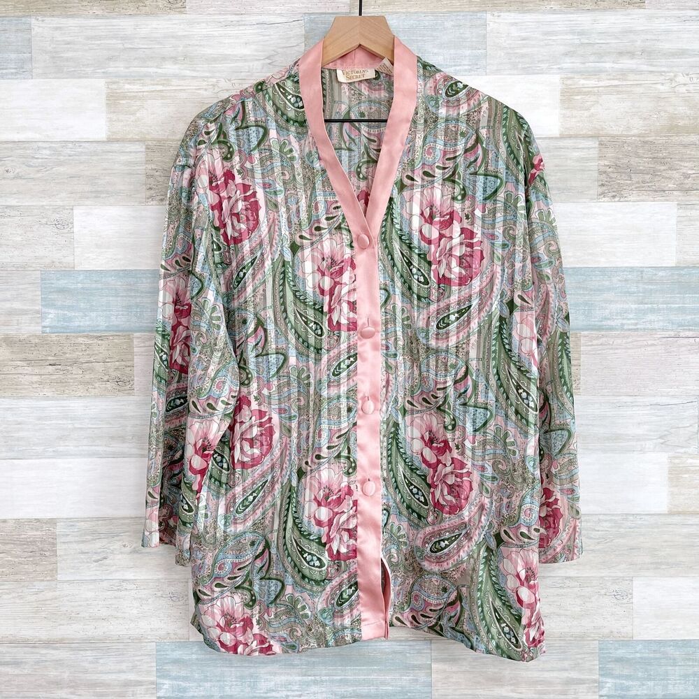 Victorias Secret Gold Label Floral Nightshirt Pink Green Sheer VTG Womens Medium